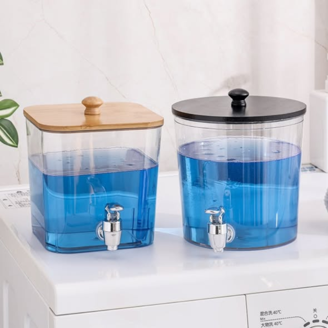 Acrylic Laundry Detergent Dispenser with Bamboo Lid and Tap