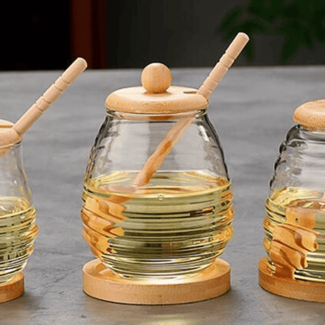 Transparent Honey Jar with Bamboo Dipper and Lid