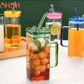 Square Borosilicate Glass with Handle Acrylic Lid and Straw