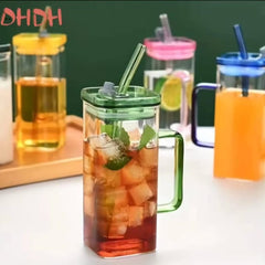 Square Borosilicate Glass with Handle Acrylic Lid and Straw