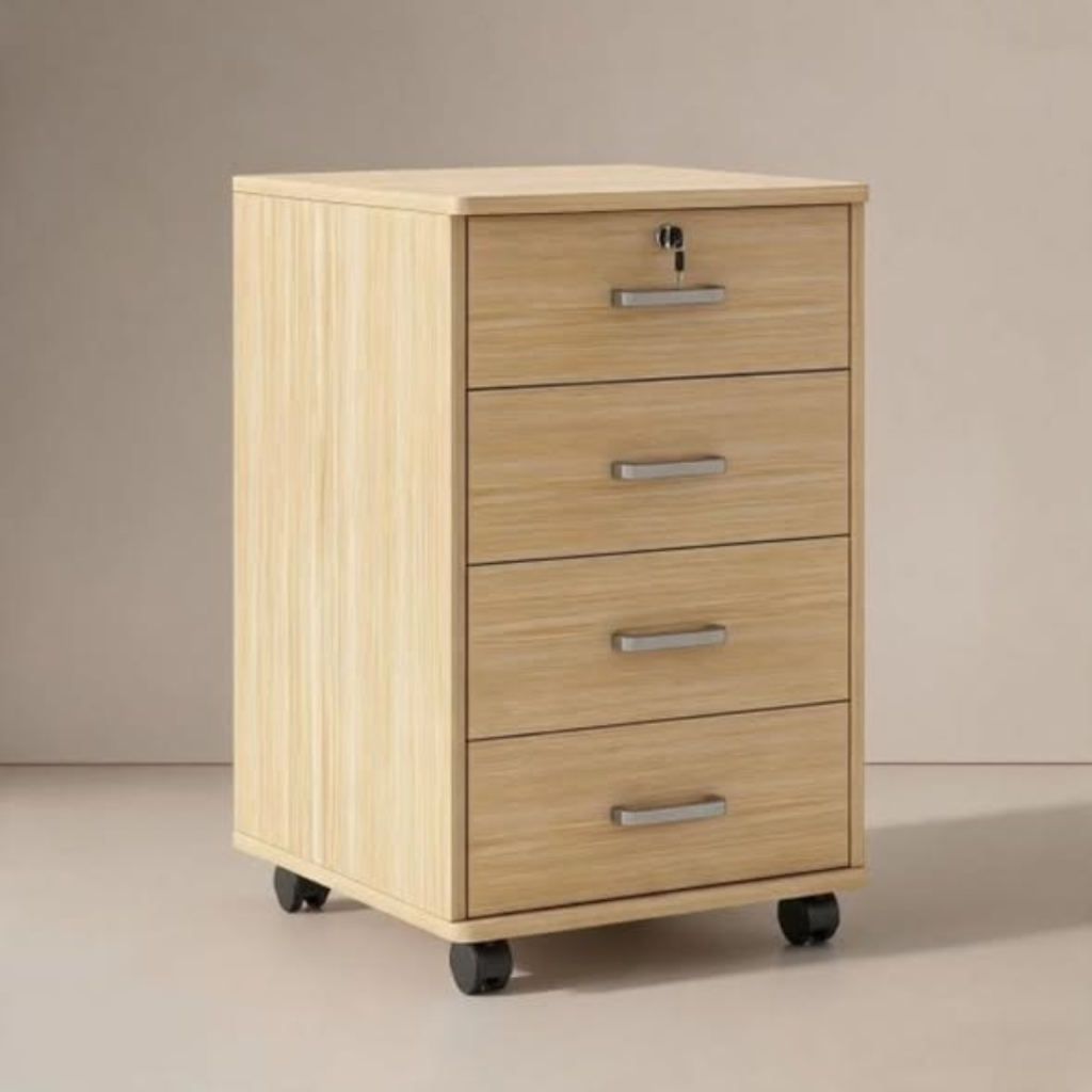 Minimalist wooden multi-purpose cabinet with lock and wheels