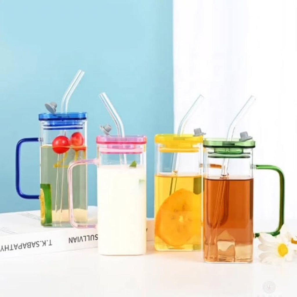 Square Borosilicate Glass with Handle Acrylic Lid and Straw