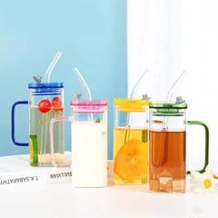 Square Borosilicate Glass with Handle Acrylic Lid and Straw