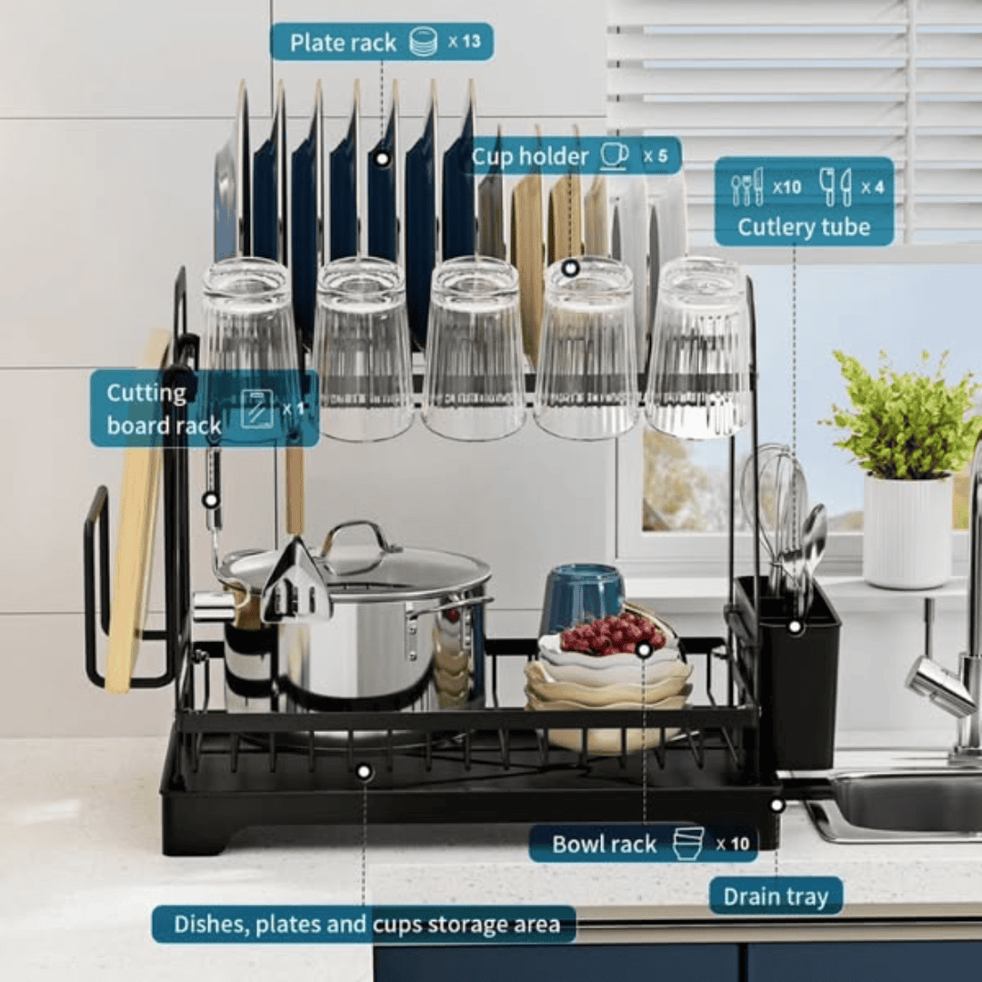 2-Tier Dish Rack with Cutlery Holder and Glass Holder