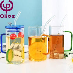 Square Borosilicate Glass with Handle Acrylic Lid and Straw