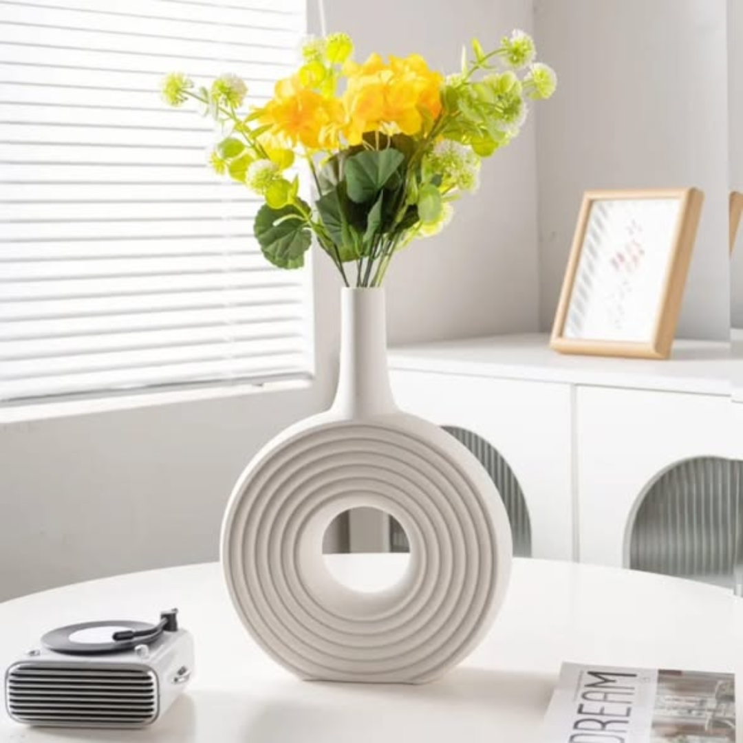 DECORATIVE MODERN ROUND ELEGANT WHITE CERAMIC VASE