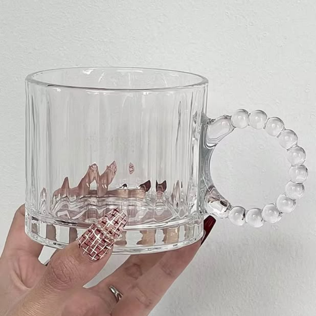 6 Set Embossed Vintage Glass Coffee Mugs with Pearl Handle