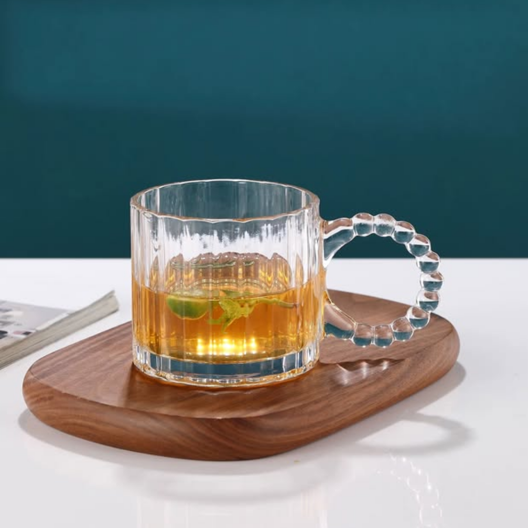 6 Set Embossed Vintage Glass Coffee Mugs with Pearl Handle