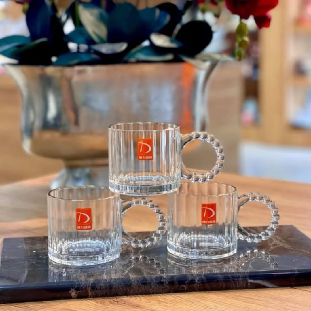 6 Set Embossed Vintage Glass Coffee Mugs with Pearl Handle