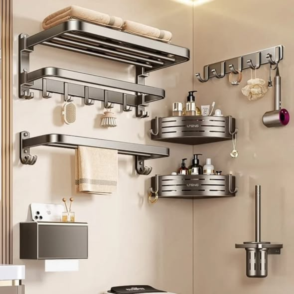 7pcs Black Multifunctional Aluminum Bath Towel Storage Rack Set