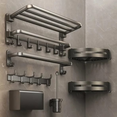 7pcs Black Multifunctional Aluminum Bath Towel Storage Rack Set