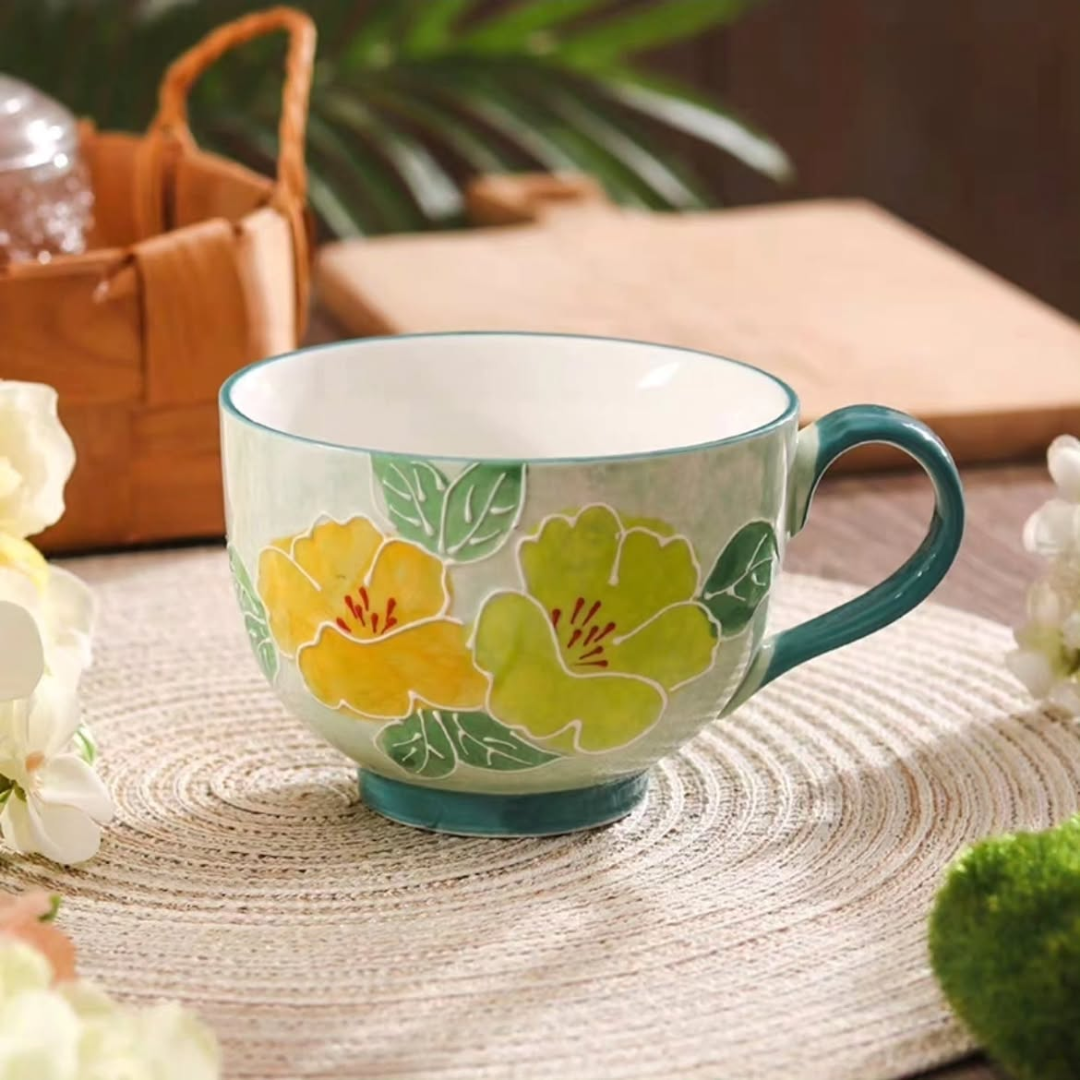 Hand-Painted Embossed Flower Mug