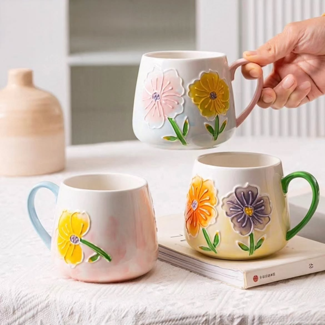 Hand-Painted Embossed Flower Mug