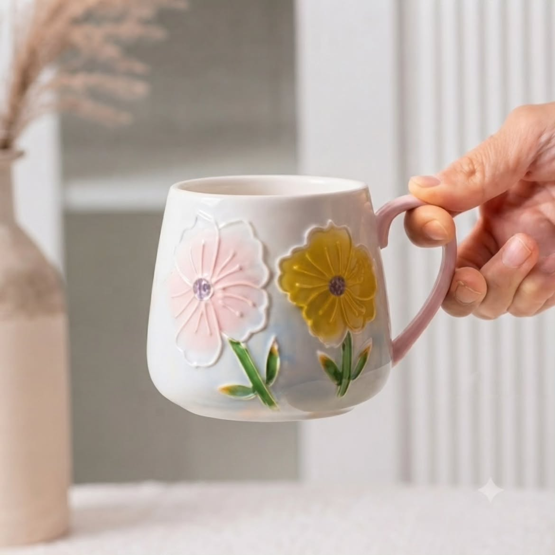Hand-Painted Embossed Flower Mug