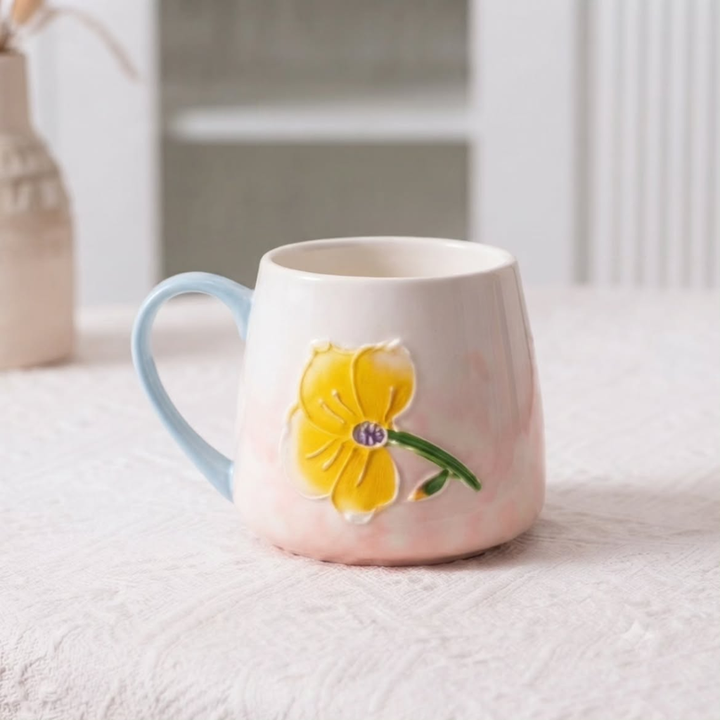 Hand-Painted Embossed Flower Mug