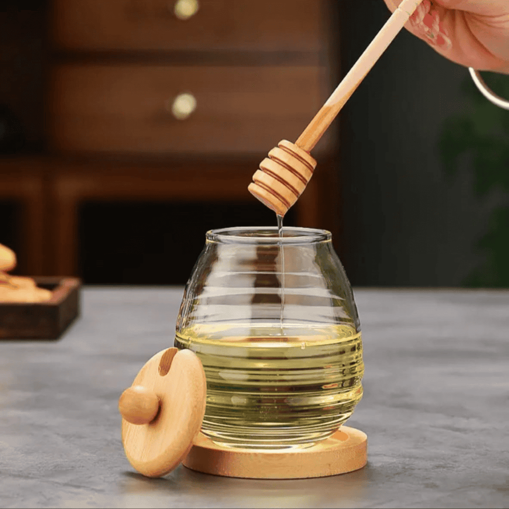 Transparent Honey Jar with Bamboo Dipper and Lid