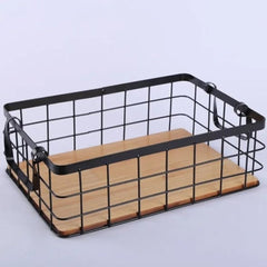 Multipurpose storage iron basket with bamboo base