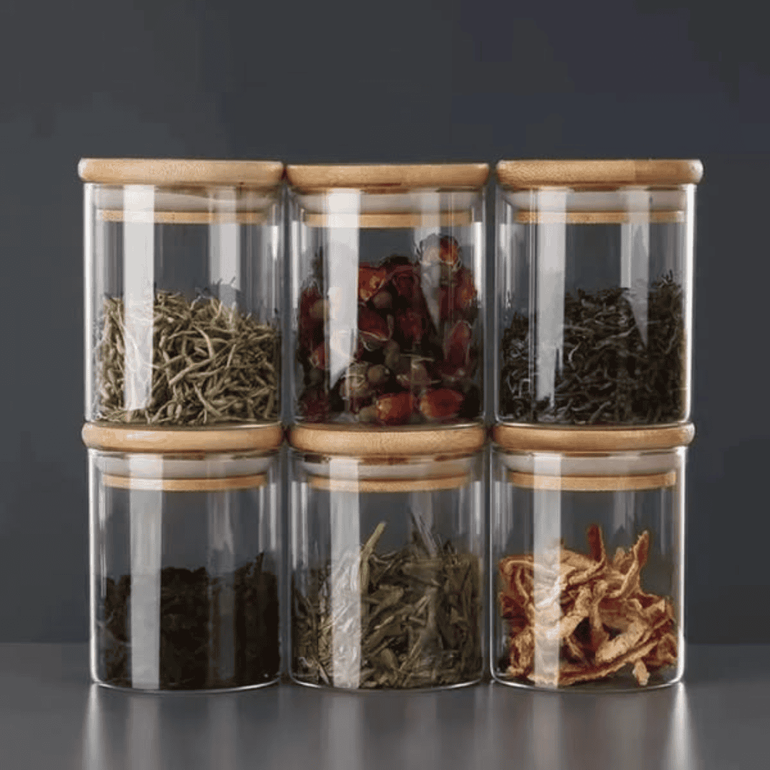 6-Pack Round Glass Jars with Bamboo Lid and Spoon