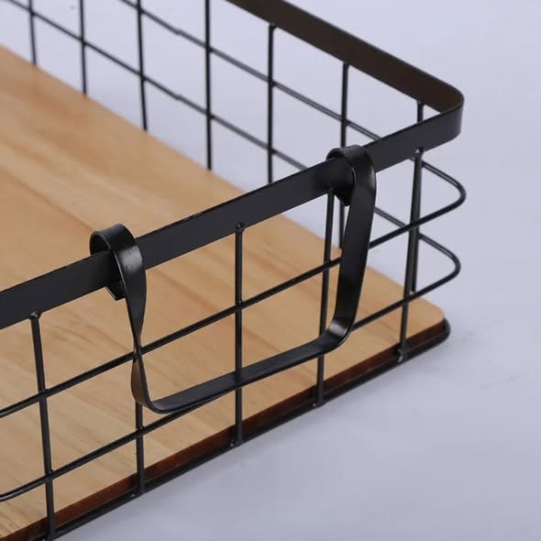 Multipurpose storage iron basket with bamboo base