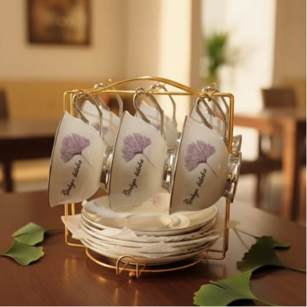 Bone China Cup and Saucer Set with Gold Stand
