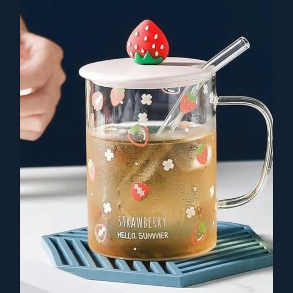 Fruit Style Cartoon Transparent Glass Cup With Straw