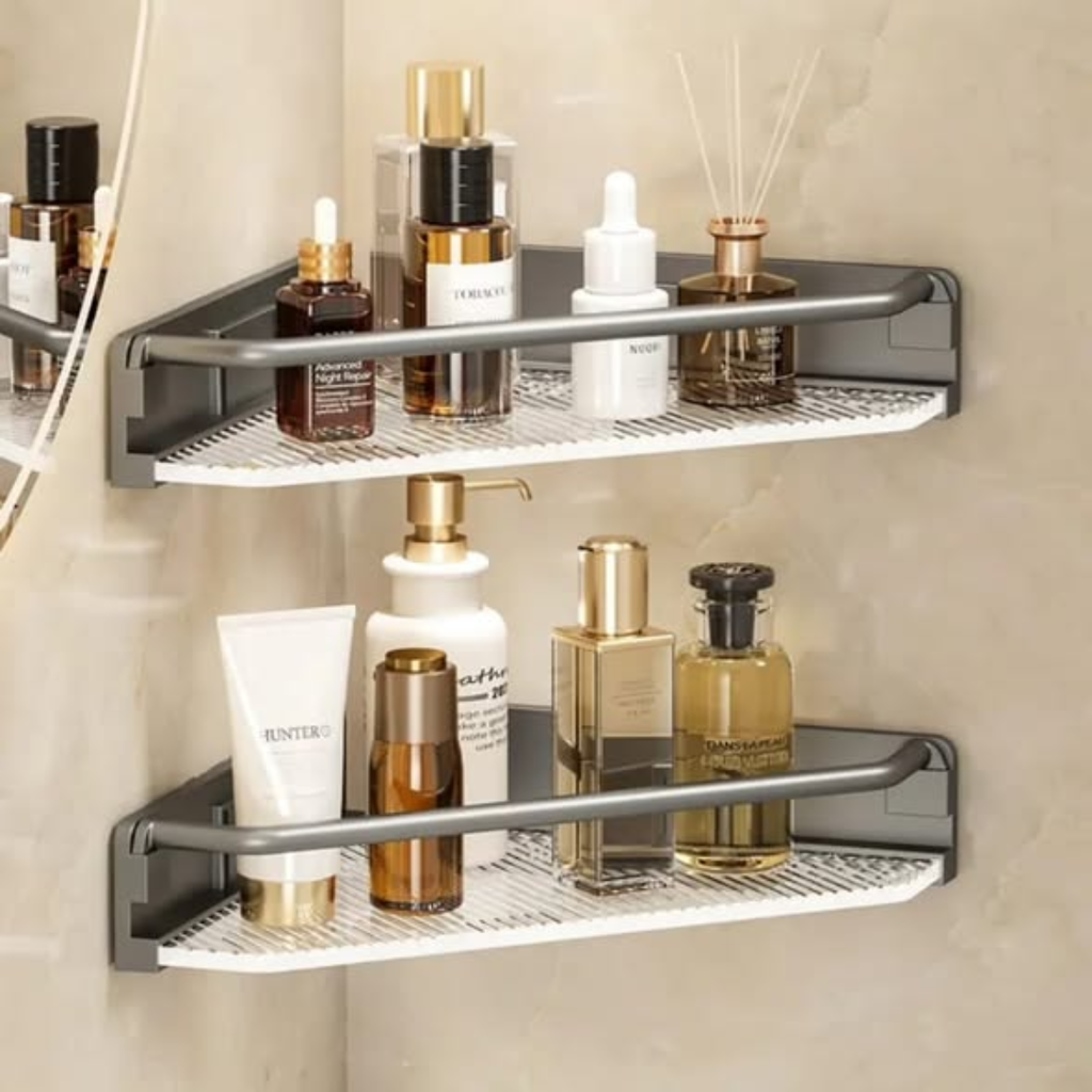 Corner bathroom shower candy shelf