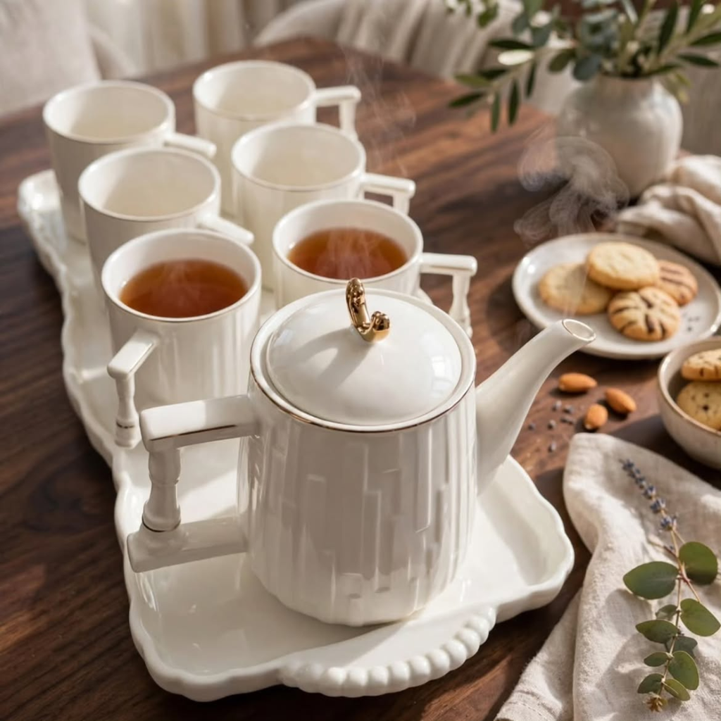 7pcs + Tray White Ribbed Tea Set