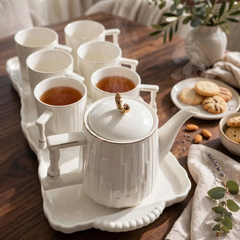 7pcs + Tray White Ribbed Tea Set