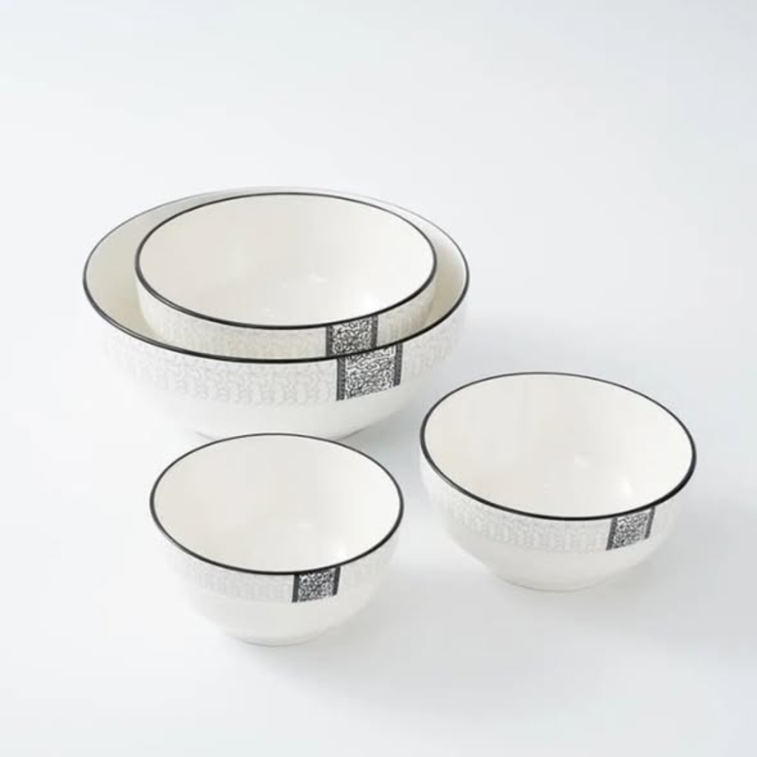 7pc Porcelain Black Ring Soup Set