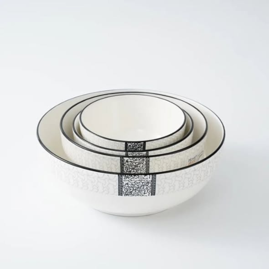 7pc Porcelain Black Ring Soup Set