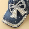 Bow Pearl Diamond Denim Cap