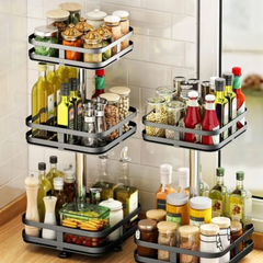 3 Tier Square Metallic Rotating Spice Storage Rack