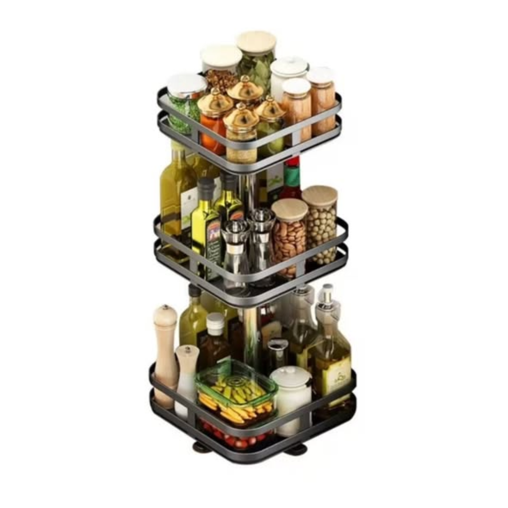 3 Tier Square Metallic Rotating Spice Storage Rack