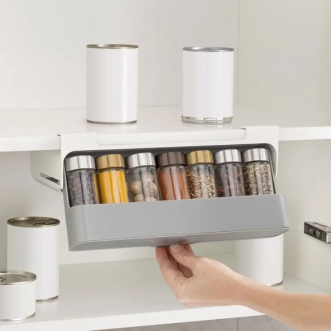 Under-shelf self adhesive retractable spice rack