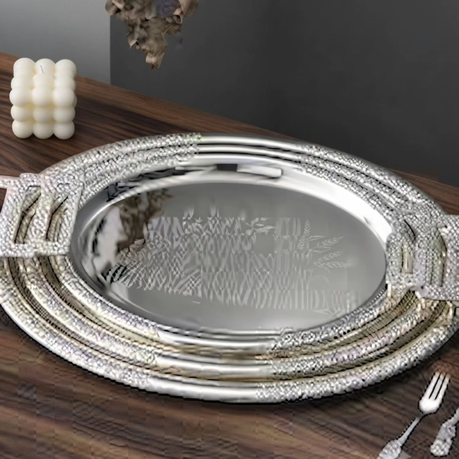 3pcs Antique Round Silver Double-Tone Mirror Polished Metal Tray Set