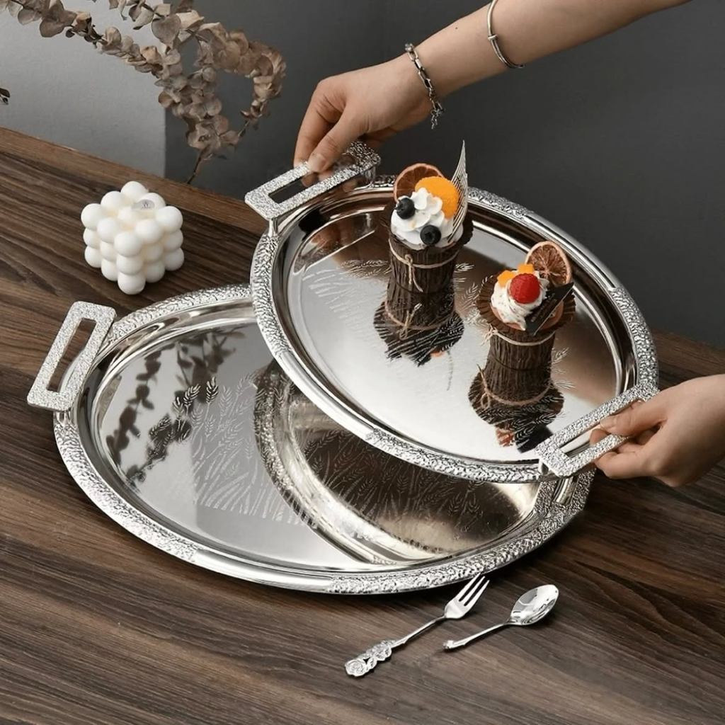 3pcs Antique Round Silver Double-Tone Mirror Polished Metal Tray Set