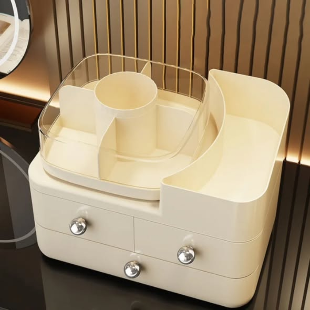 Cosmetic organizer rack with rotating top