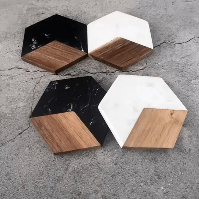 Set of 6 Luxury Marble and Wood Hexagon Coasters