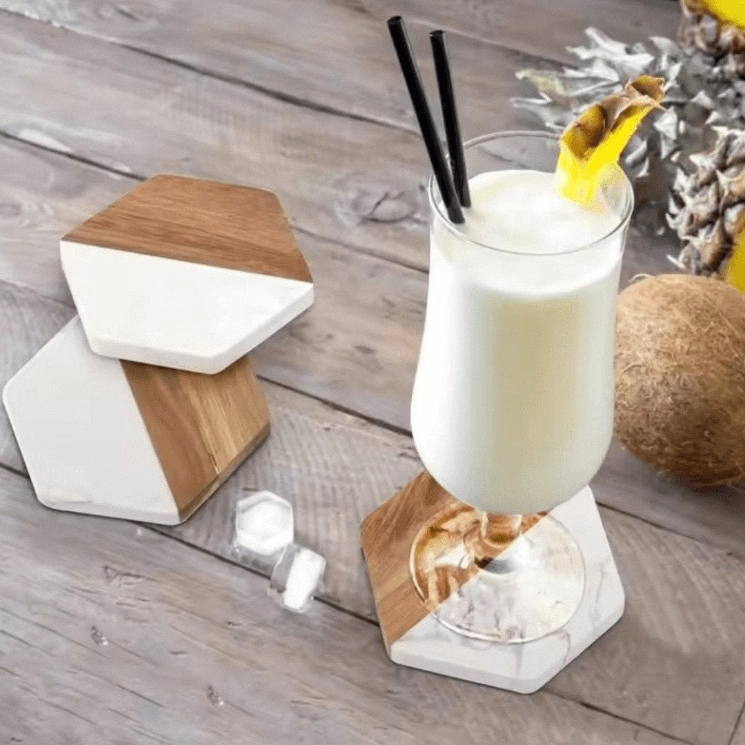 Set of 6 Luxury Marble and Wood Hexagon Coasters