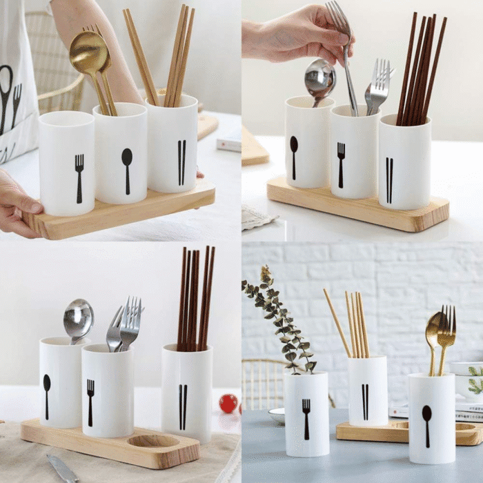3pc Cutlery Organizer with Oak Base