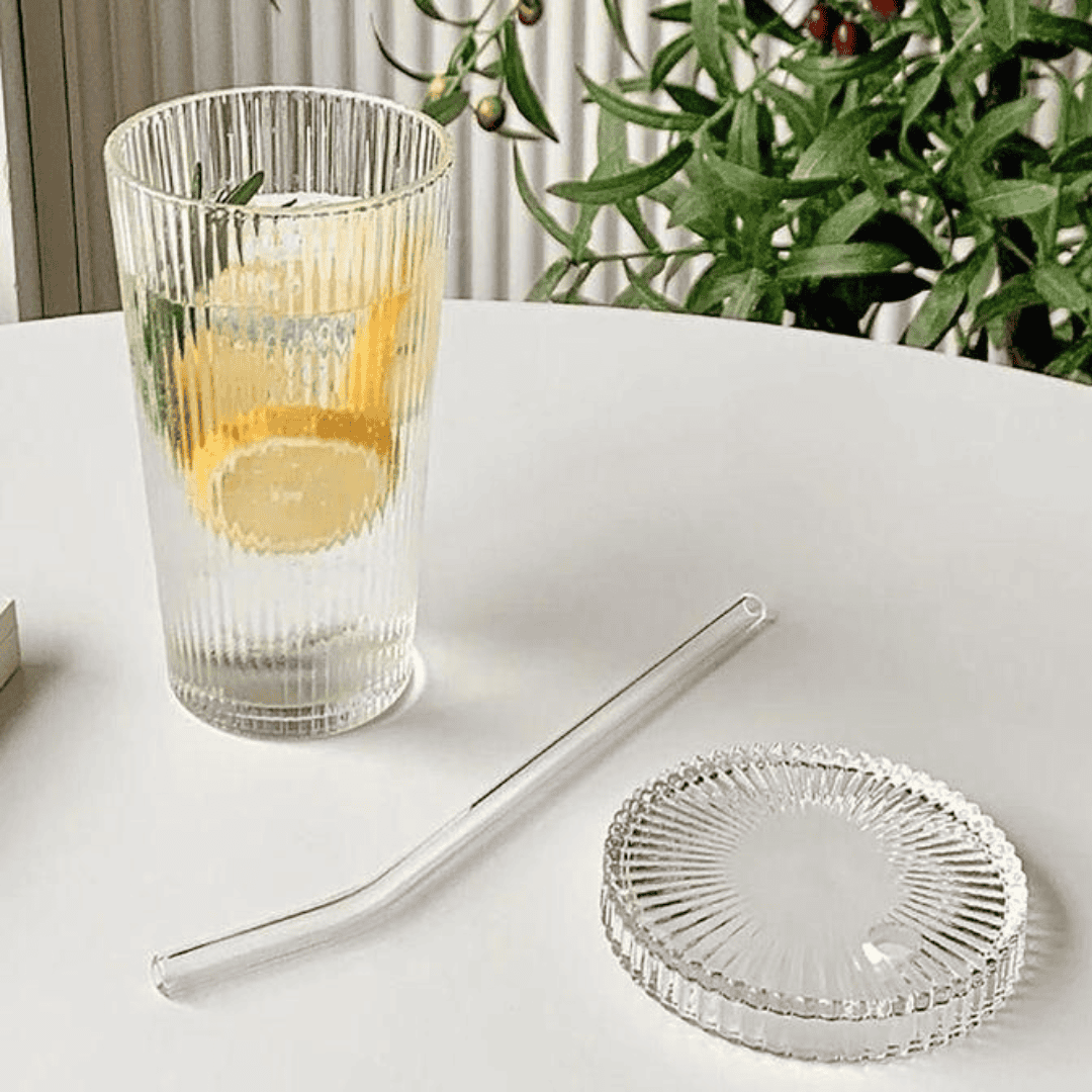 375ml Simple Stripe Glass Cup with Lid and Straw