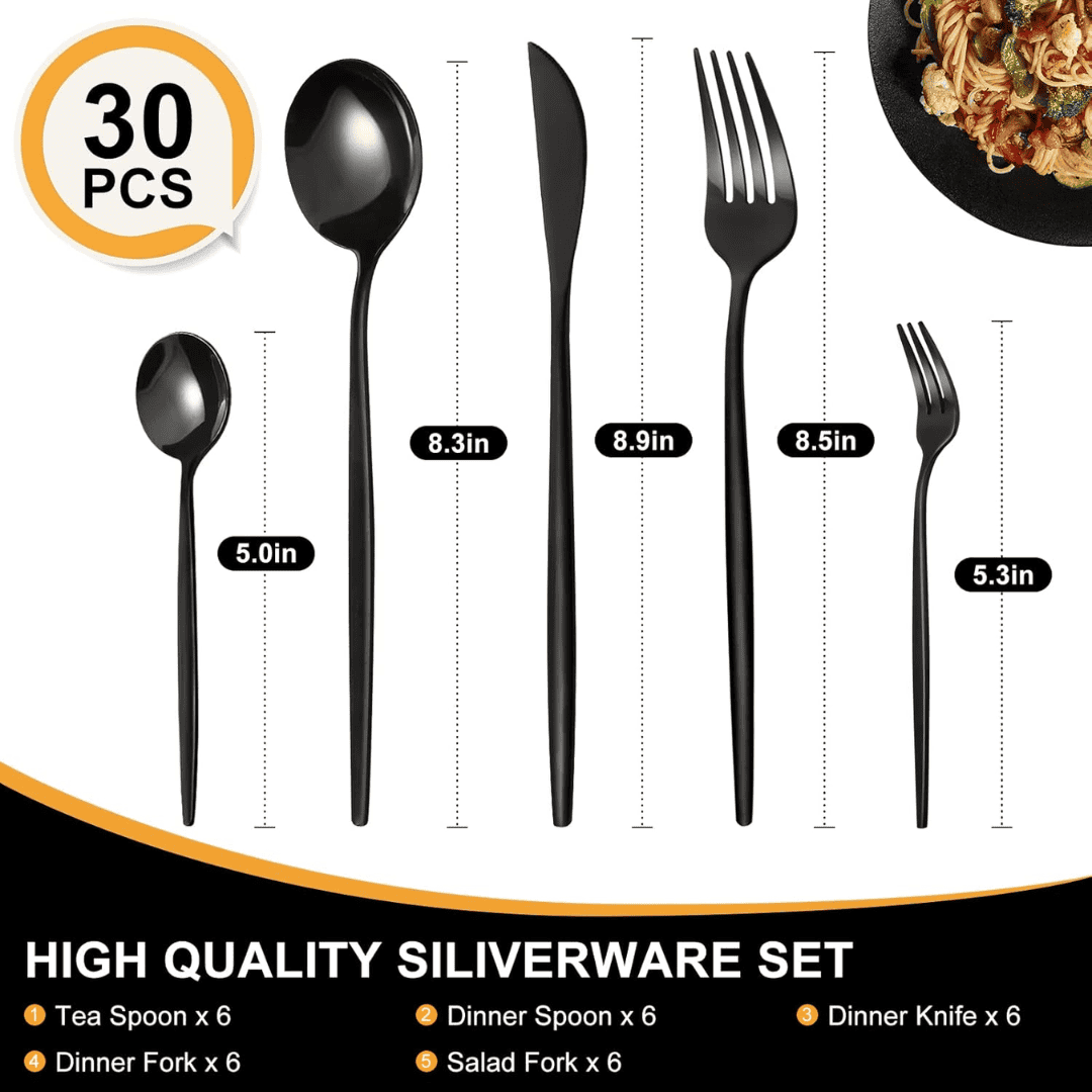 30pc Black Cutlery Set