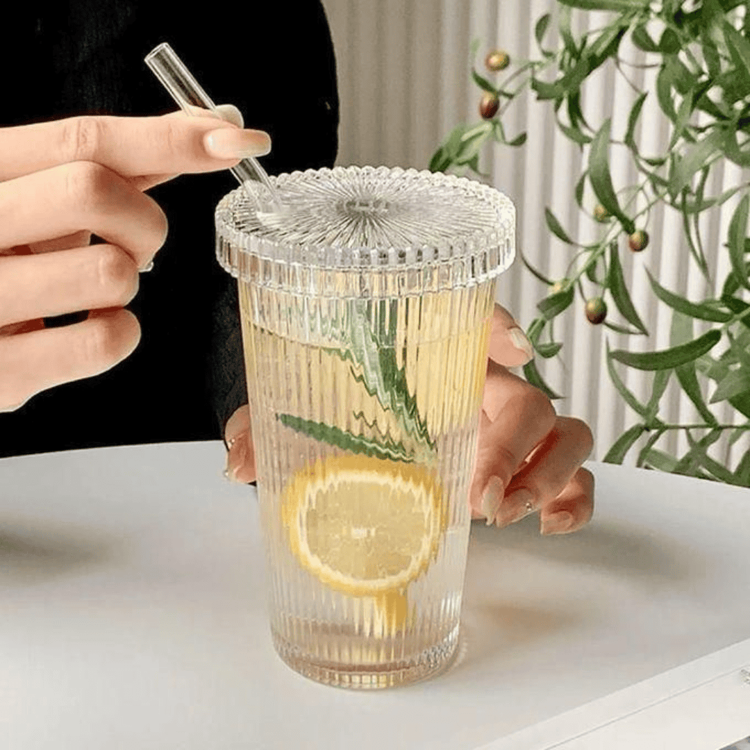 375ml Simple Stripe Glass Cup with Lid and Straw