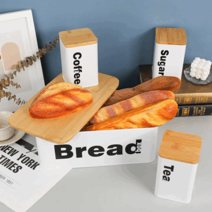 Bread Bin with Three Canister Set with Bamboo Lid
