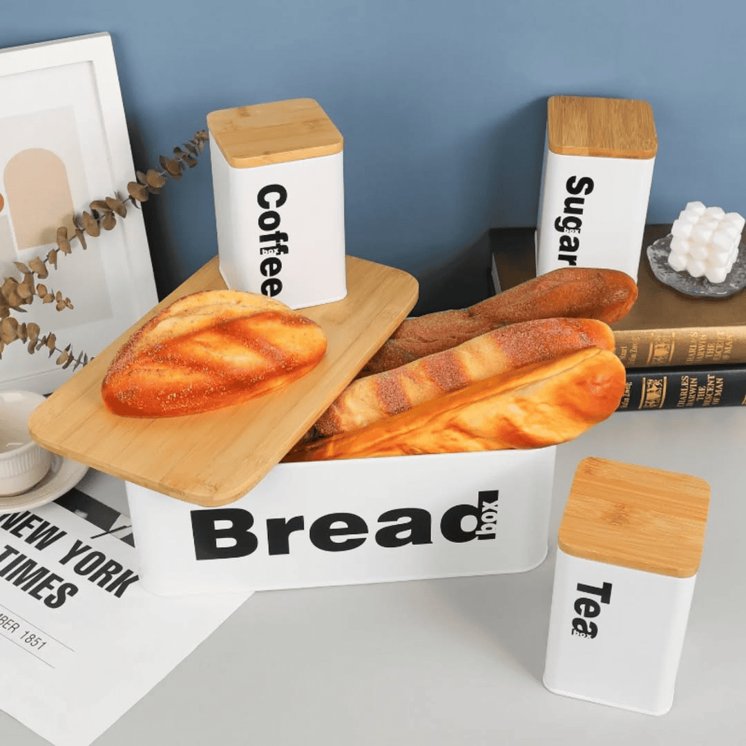 Bread Bin with Three Canister Set with Bamboo Lid