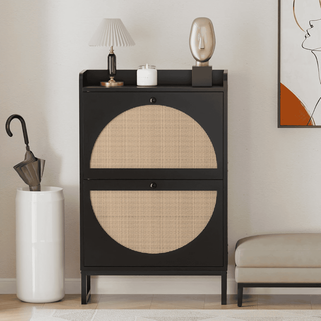 Rattan Wooden Black Bucket Flip Shoe Cabinet