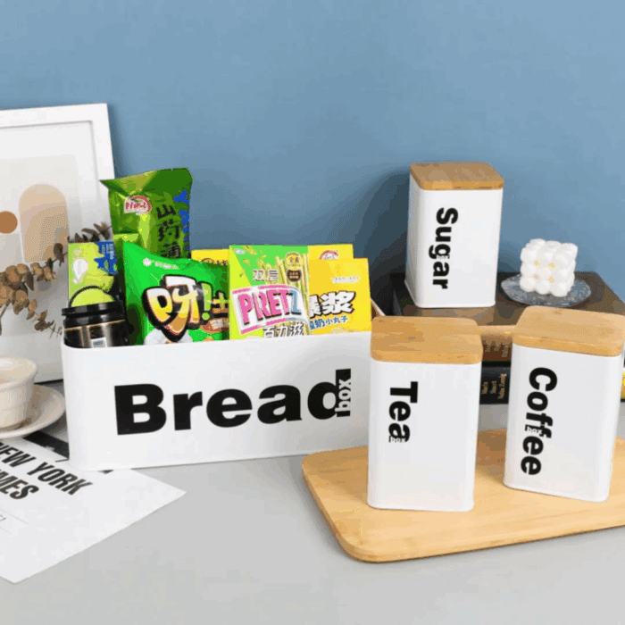 Bread Bin with Three Canister Set with Bamboo Lid