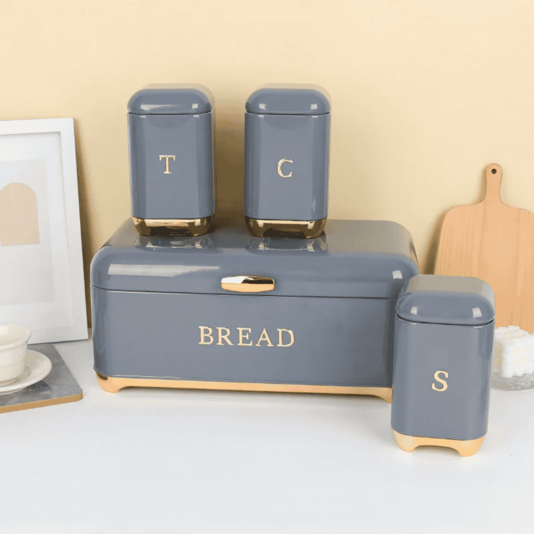 Bread Bin with Three Canister Set with Touch of Gold