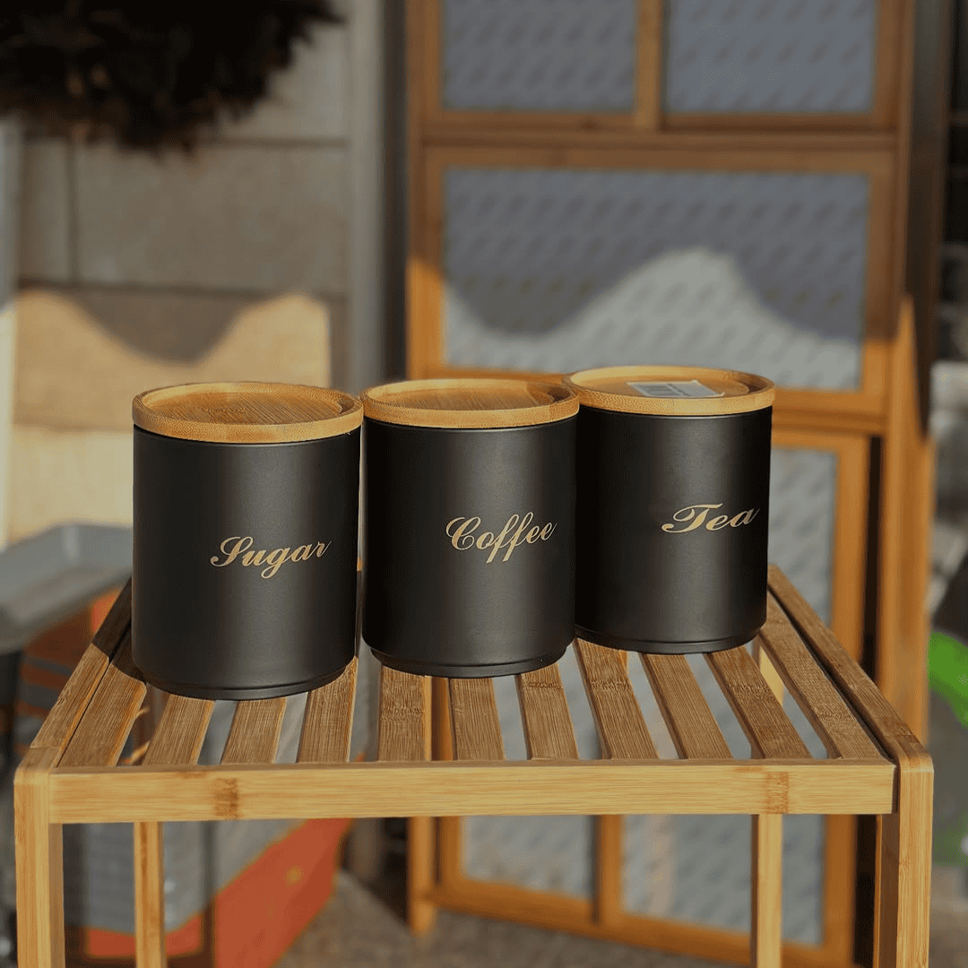 Tea Coffee and Sugar Canister Alloy Set with Bamboo Lid