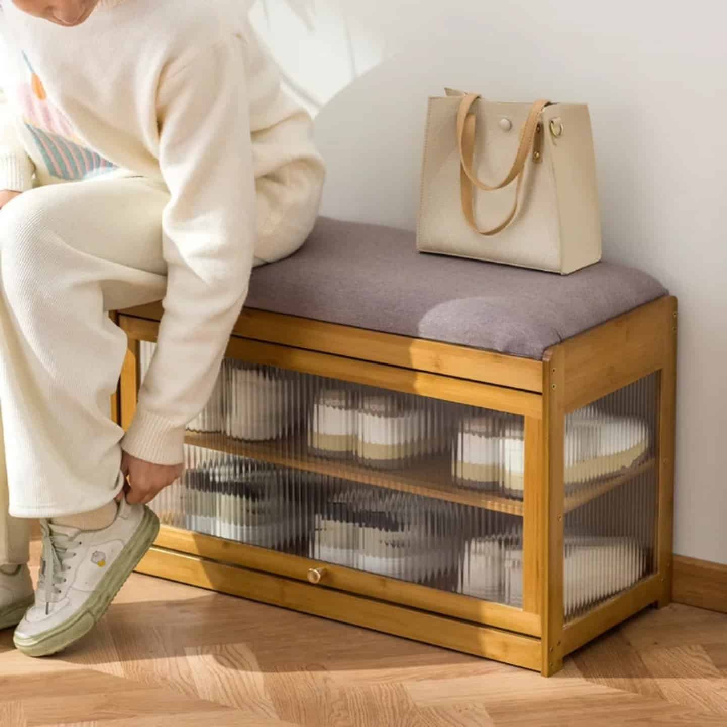 Wooden Stool with Shoe Cabinet